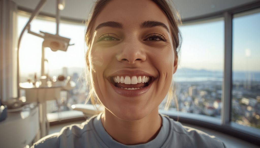 happy woman after denal crowns in turkey 