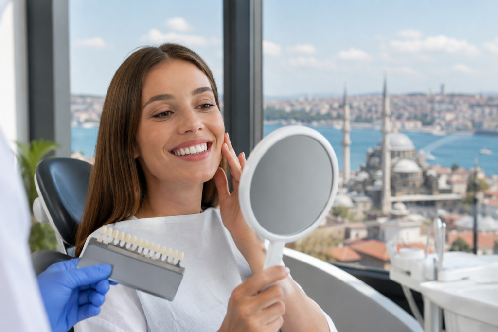 Woman smiling after Porcelain Veneers in Turkey