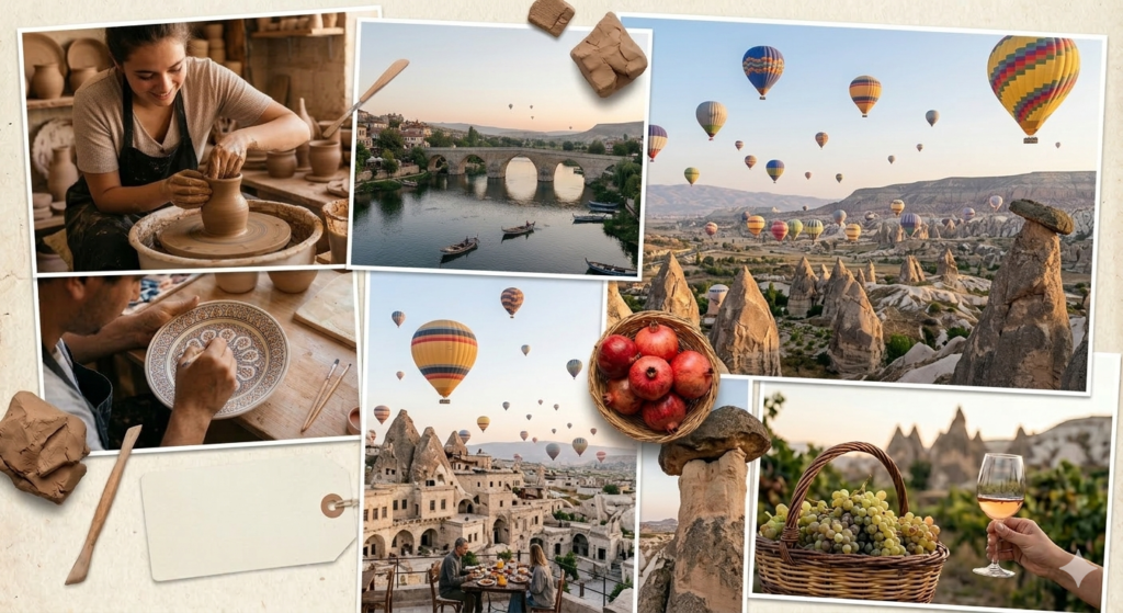 Eine Collage von Fotos, die verschiedene Szenen in Kappadokien, Türkei, zeigen, darunter eine Frau an einer Töpferscheibe, eine Brücke über einen Fluss, Heißluftballons, die über Felsformationen fliegen, und eine Person, die Wein trinkt