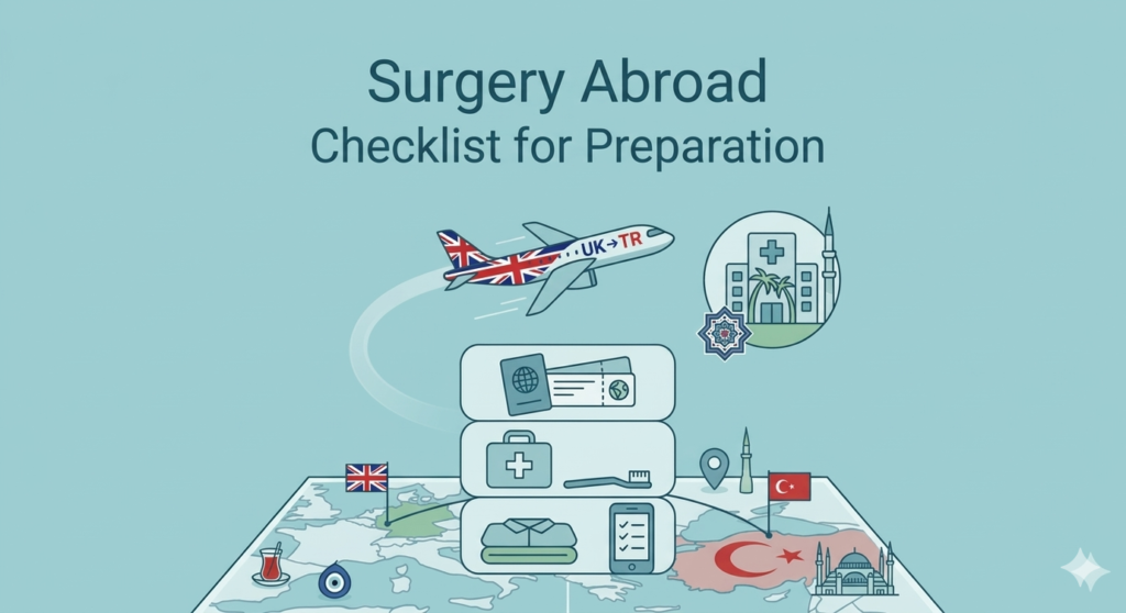 urgery abroad preparation checklist: Flying from UK to Turkey, travel documents, and medical packing list.