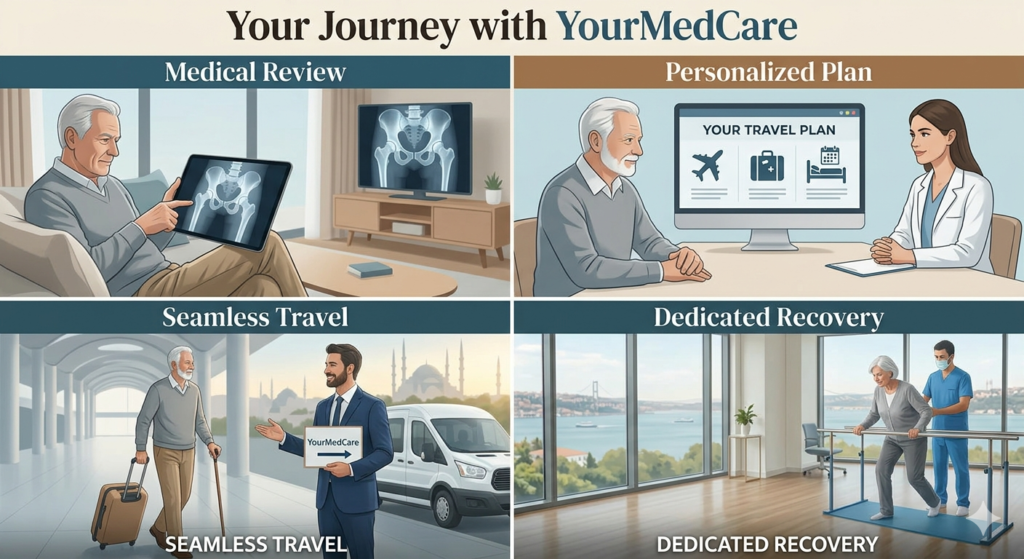 A four-panel infographic depicting an elderly patient's comprehensive medical journey with YourMedCare.