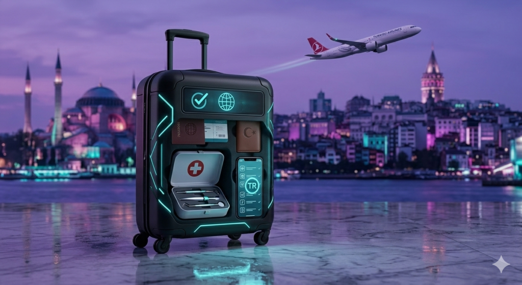 Surgery abroad preparation checklist for UK patients traveling to Turkey, featuring a suitcase and flight route from London to Istanbul.